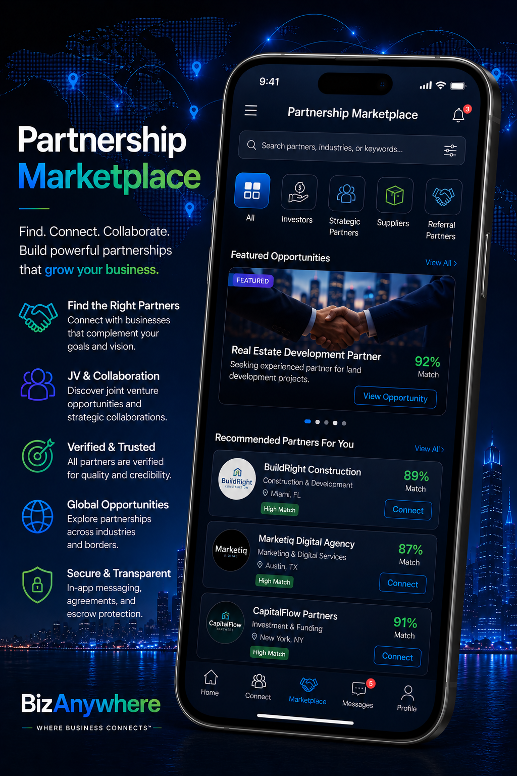 Partnership Marketplace screen with featured opportunities and recommended partners.