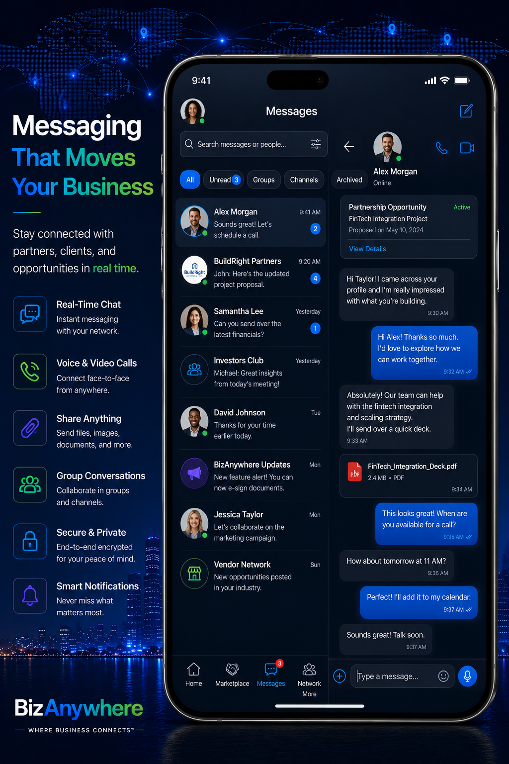Messaging screen with active chats and a conversation view.