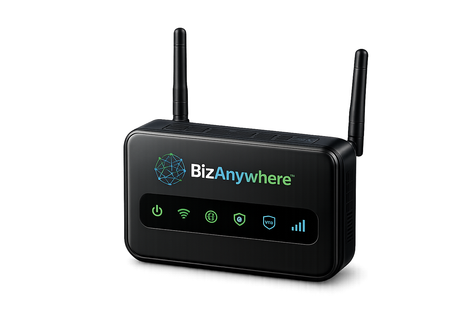 BizAnywhere Secure Business Router with dual antennas and status indicators